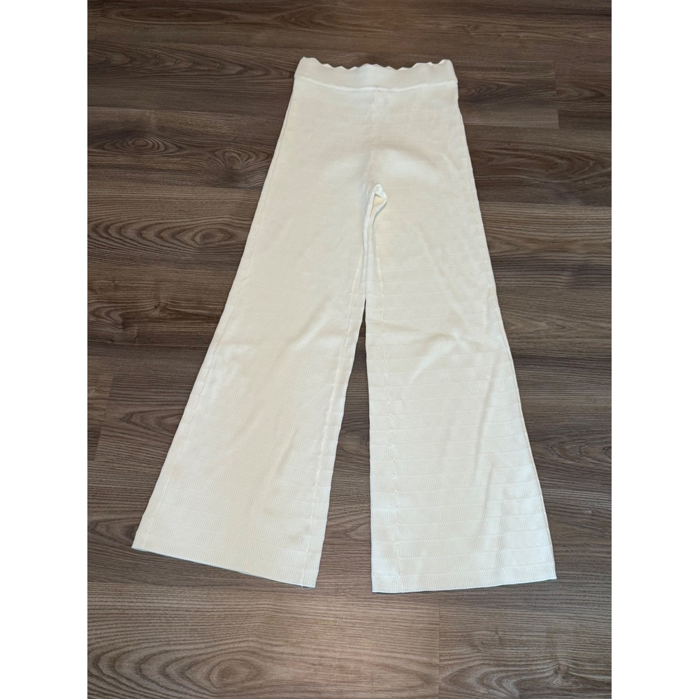 House of Harlow 1960 Ivory Ribbed Knit Wide Leg Scalloped Waist Pants size Small